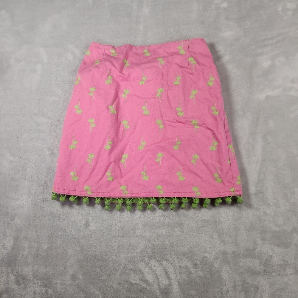 Sixth Alice Girls Pink Green‎ Palm Tree PomPom Hem Skirt Size L Preppy Coastal